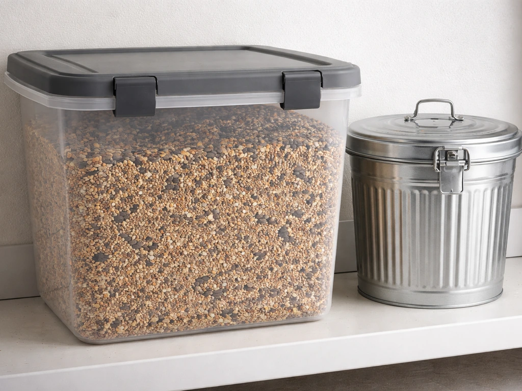 A sealed plastic bin and locking metal can neatly storing bird seed on a simple shelf.