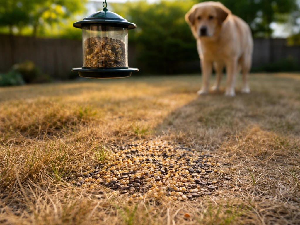 Scattered bird seed on grass beneath a bird feeder, with a dog blurred in the background.