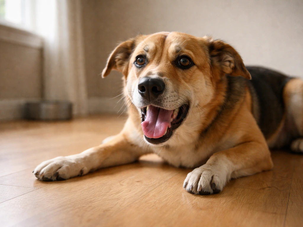 An alert dog showing a concerning breathing posture on a quiet floor, suggesting an emergency check.