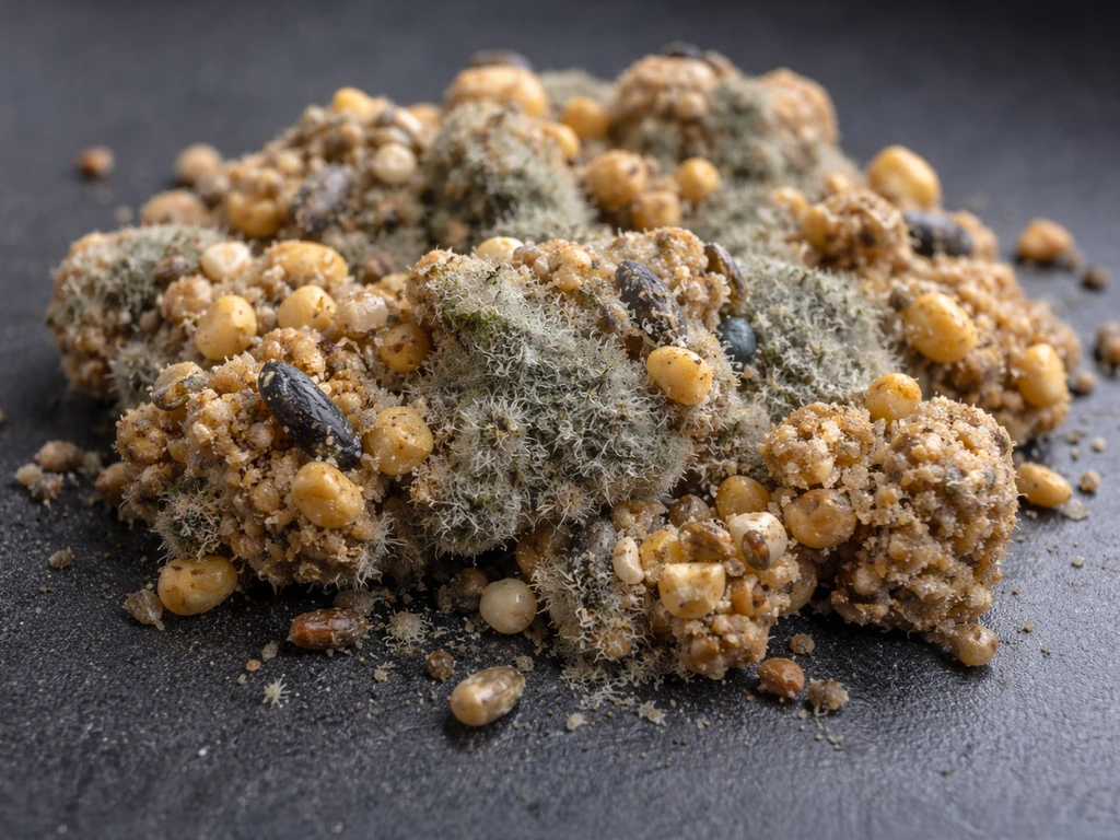 Macro close-up of damp clumped bird seed with visible fuzzy mold and dark discoloration.