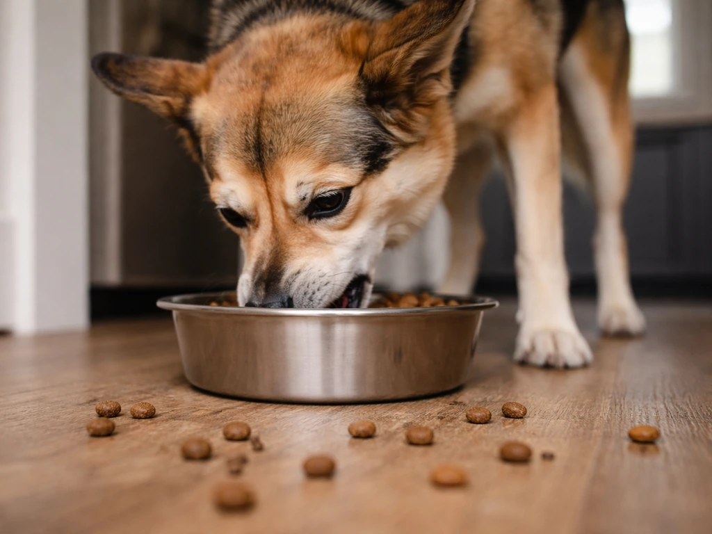 Dog eating dry seed quickly with seed pieces in the foreground to suggest choking or aspiration risk.