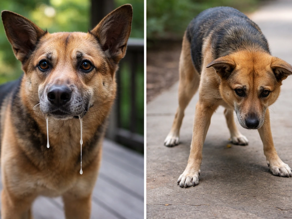 Closeups of a dog’s drooling and a worried stance, suggesting GI and neurological distress without graphic details.