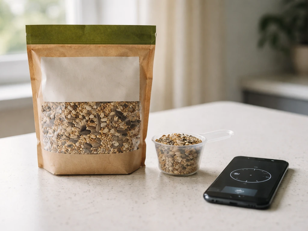 Kitchen counter with a bird seed bag, measuring scoop, and a phone timer for call readiness