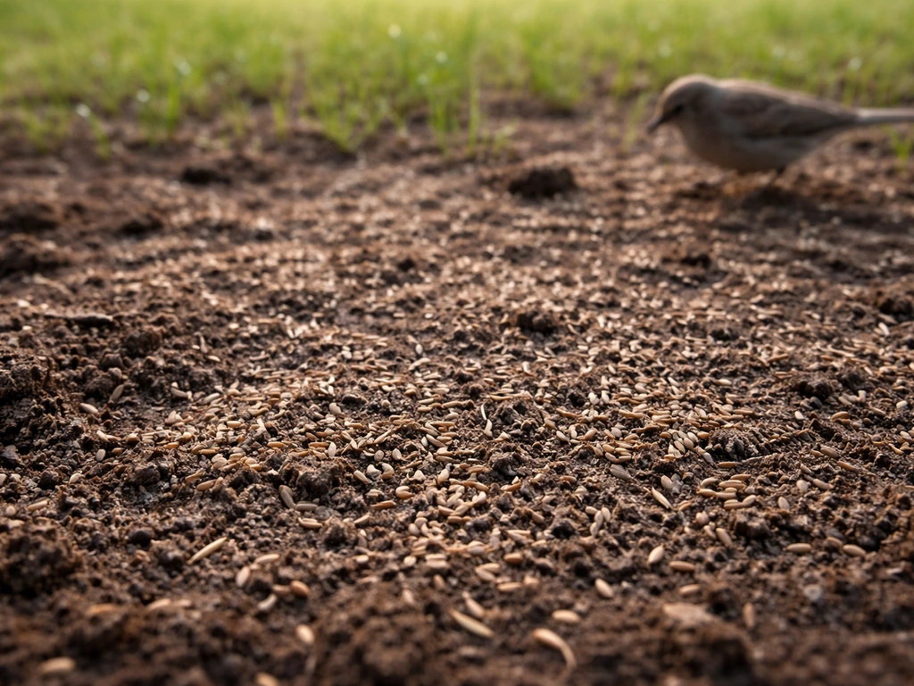 A lawn with scattered grass seed on bare soil and a small bird foraging nearby
