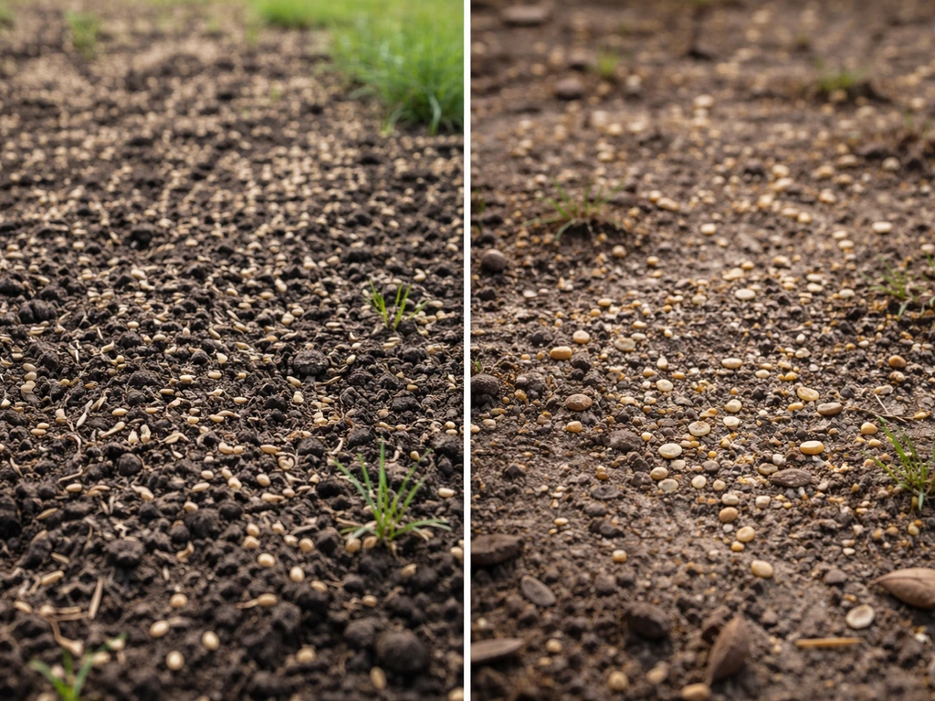 Side-by-side bare soil patches with scattered seeds: a seeded lawn area and a natural foraging spot.