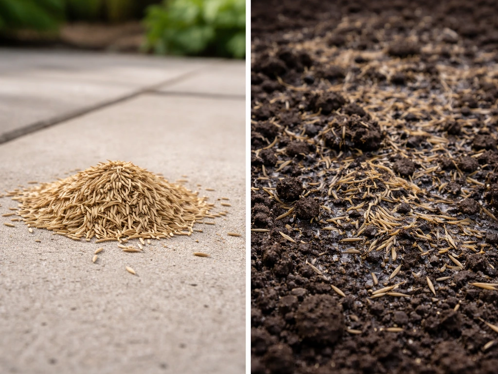 Dry untreated grass seed beside damp, rain-soaked seed showing spoilage risk