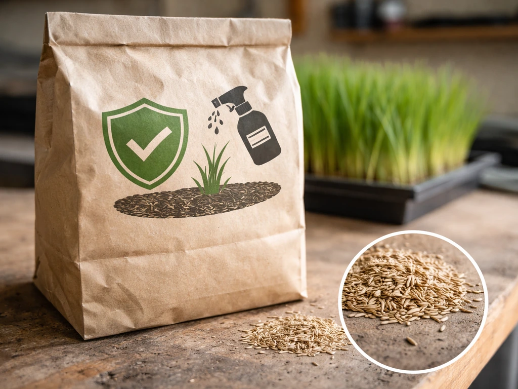 Close-up of a generic lawn seed bag and treated-seed label cues on a workbench with green shoots blurred behind.