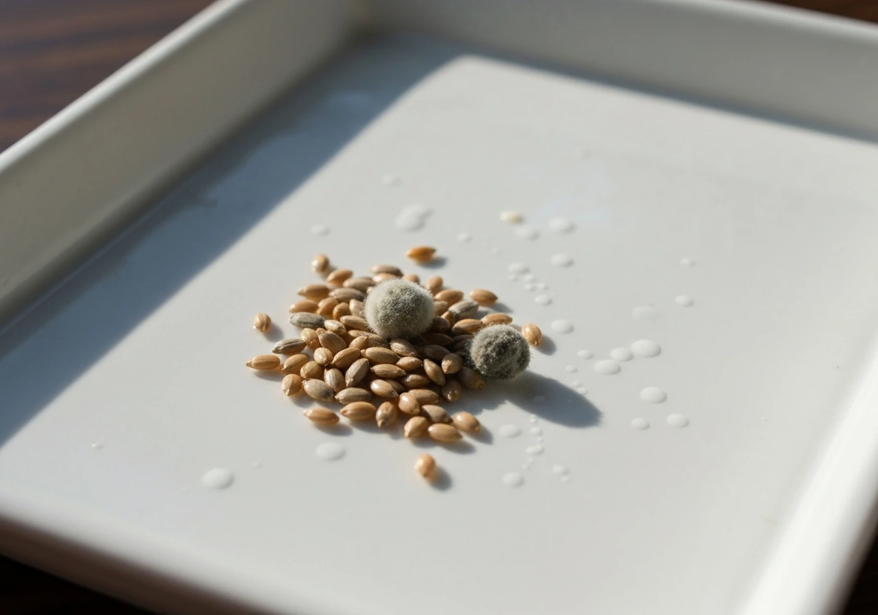 Close-up of mixed seed with visible moldy clumps and damp texture on a simple tray