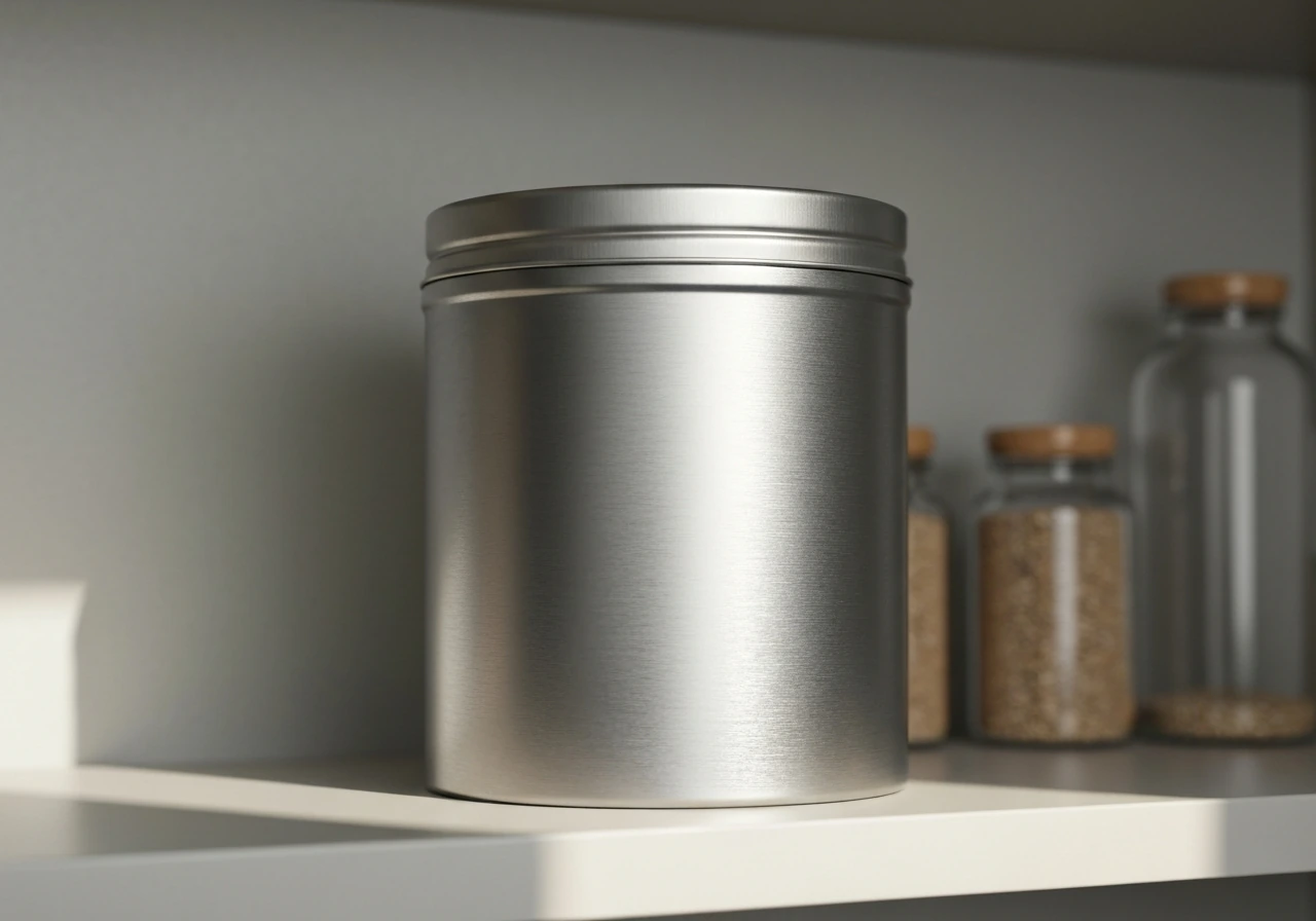 Sealed metal bird seed container on a shelf in a cool, dry pantry to keep moisture out.