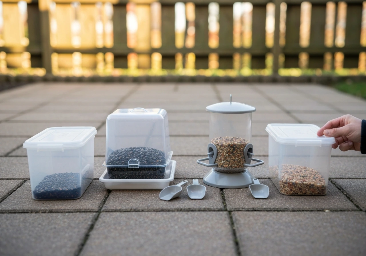 Two separate bird feeders and two closed seed storage containers kept apart on a backyard patio.