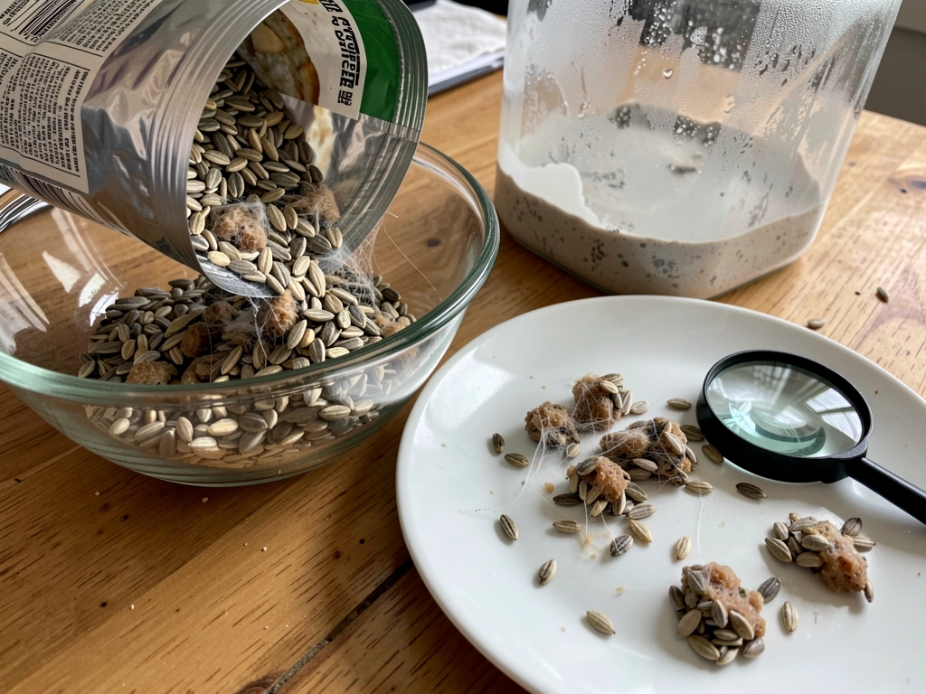 Close-up of bird seed showing clumping and webbing during an at-home spoilage check.