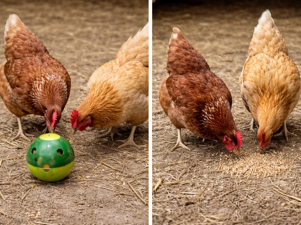 Side-by-side chickens: one exploring an enrichment object, the other pecking and foraging on the ground.