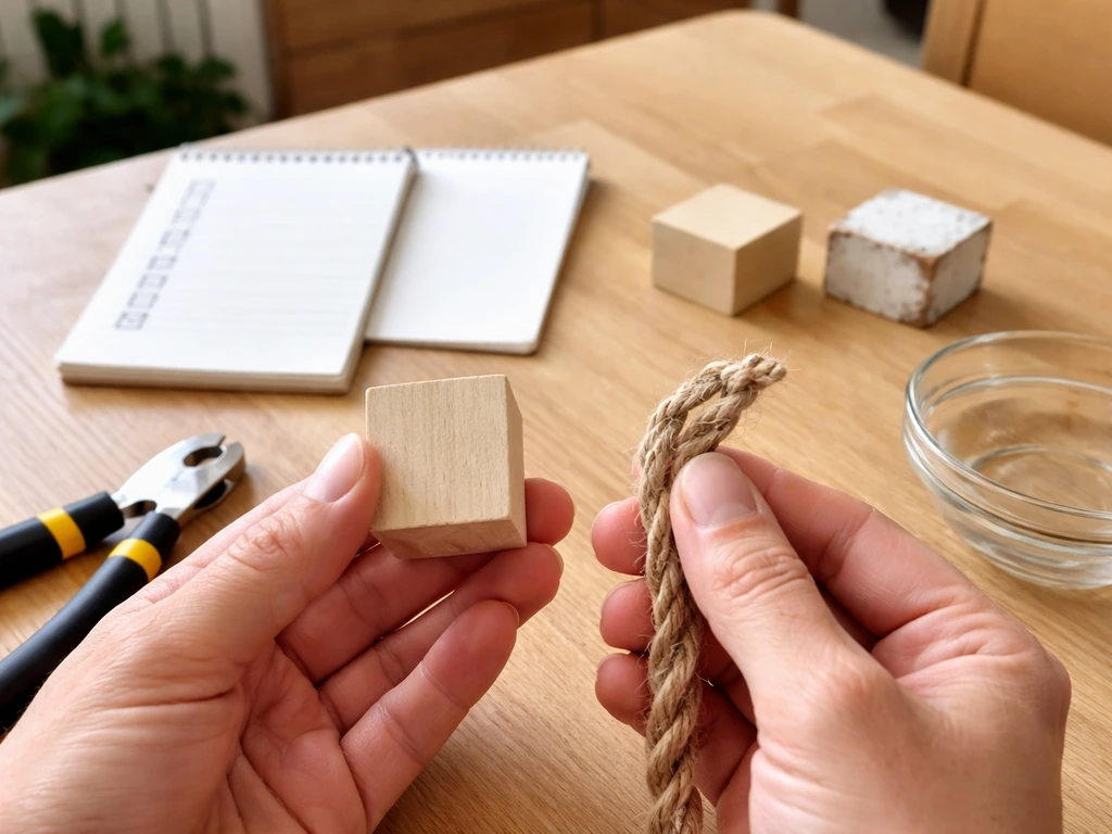 Hands holding unpainted wooden and rope pieces beside a blank checklist and safety tools.