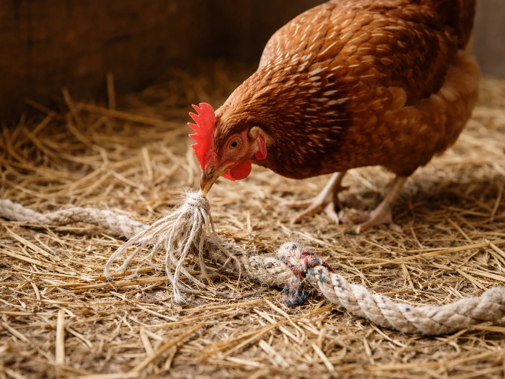 A chicken pecks at a frayed rope in the coop, showing why it should be removed immediately.