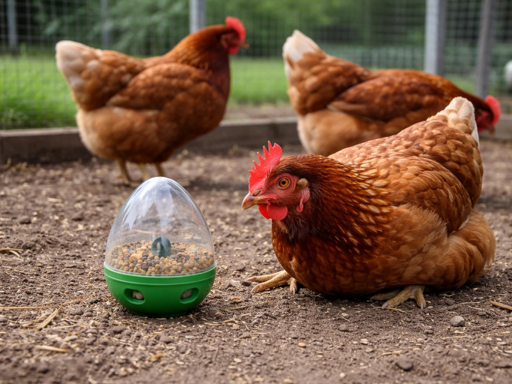 One alert chicken guards a small toy while other hens stay back in a simple outdoor pen.