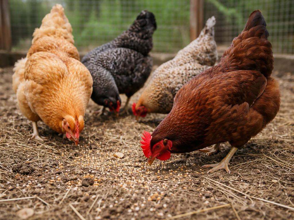 Chickens foraging as scattered feed falls on straw bedding inside a simple outdoor run