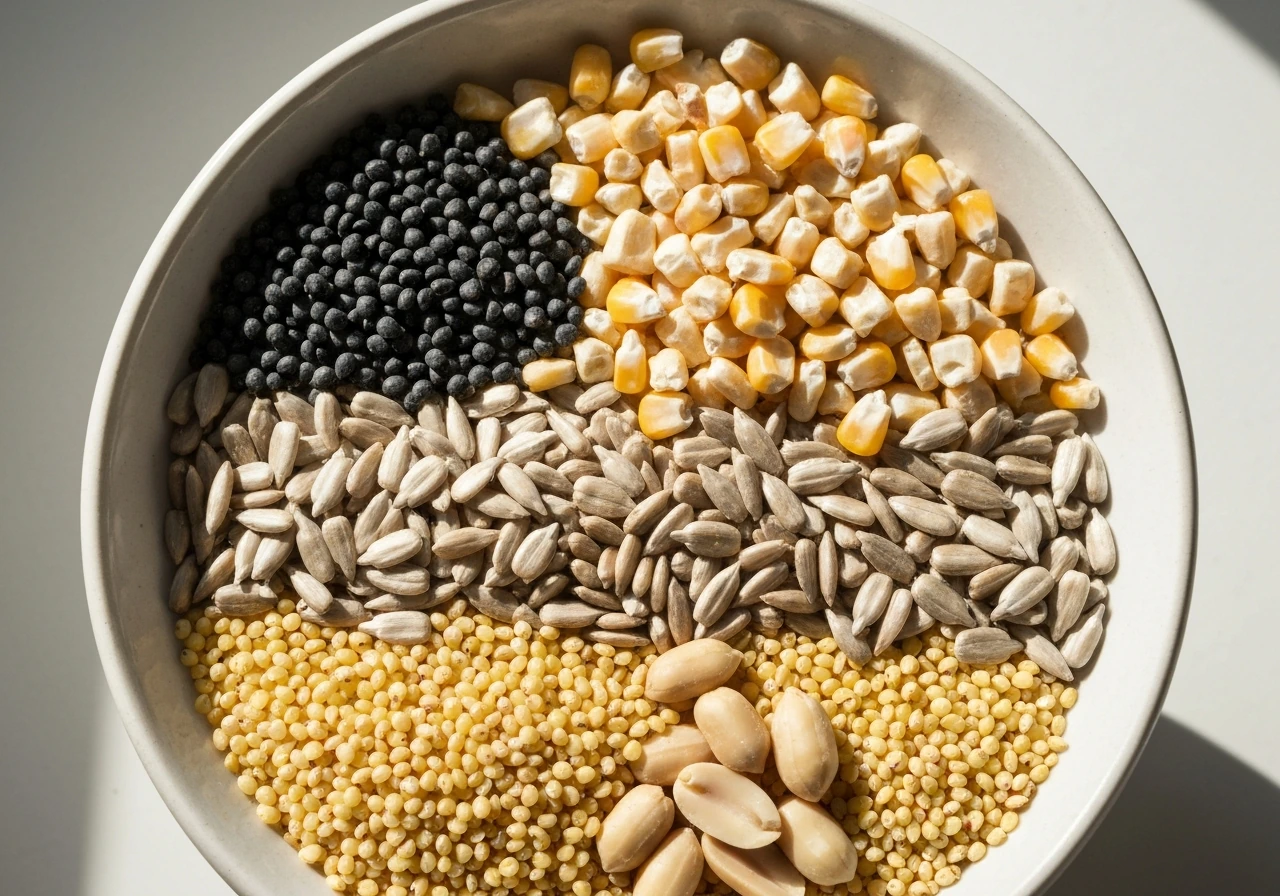 Close-up cutaway view of mixed bird seeds—milo, cracked corn, sunflower, millet, and peanuts in one bowl.