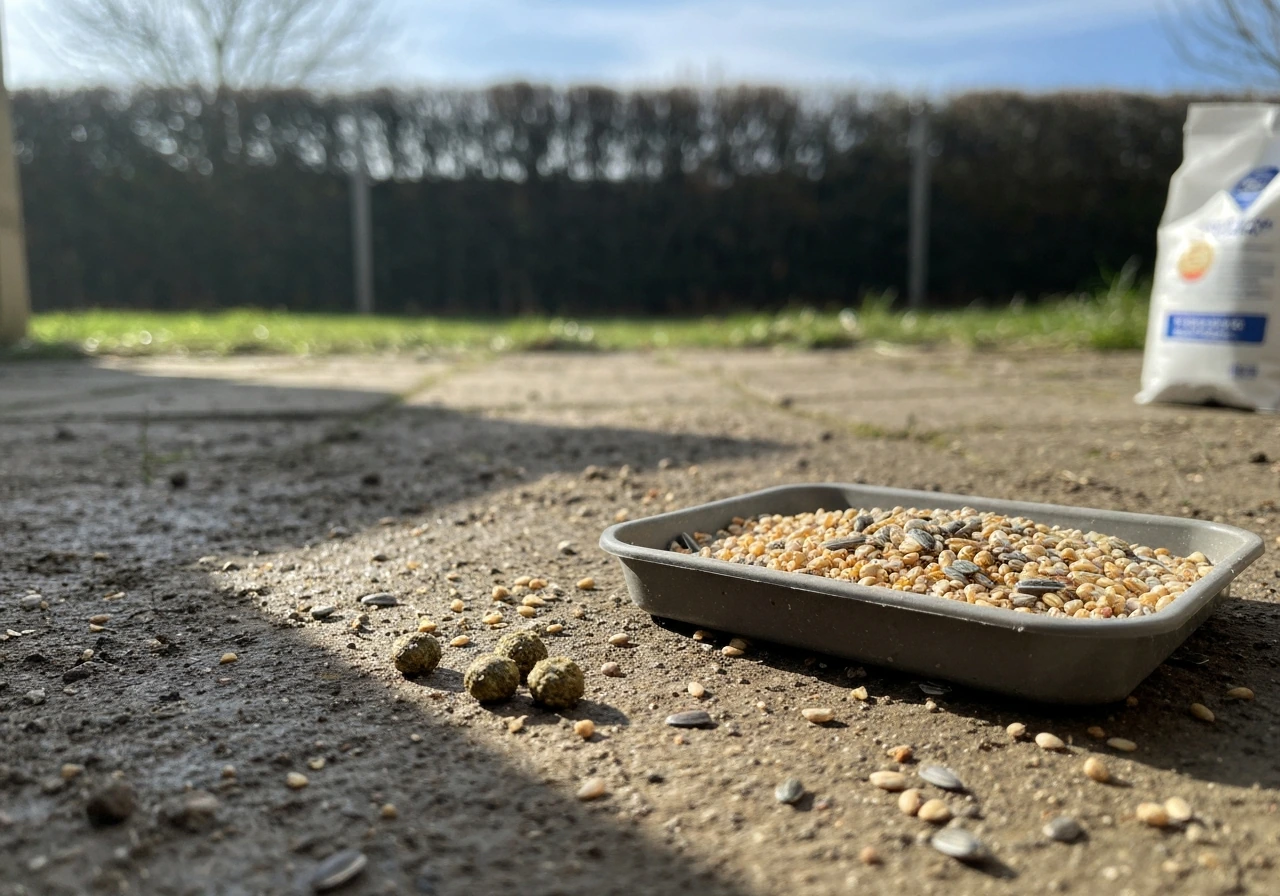 Outdoor bird feeder tray on the ground with bird droppings near seed, illustrating contamination risk.
