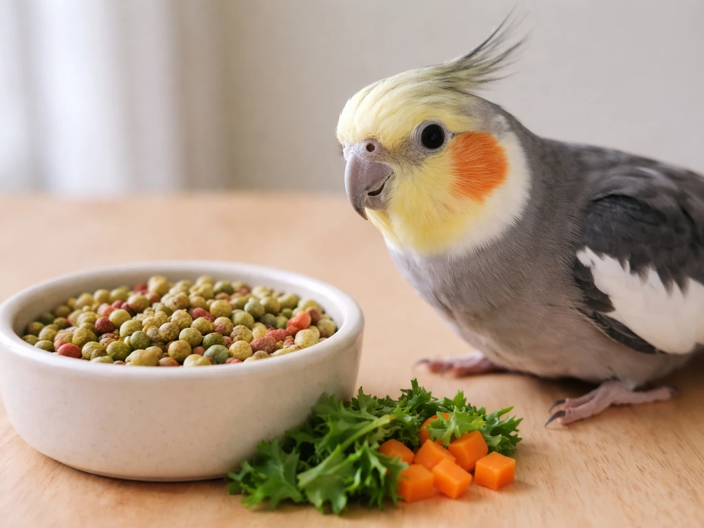 Cockatiel perched beside a bowl of formulated pellets with fresh veggie add-ins on a simple wooden table.