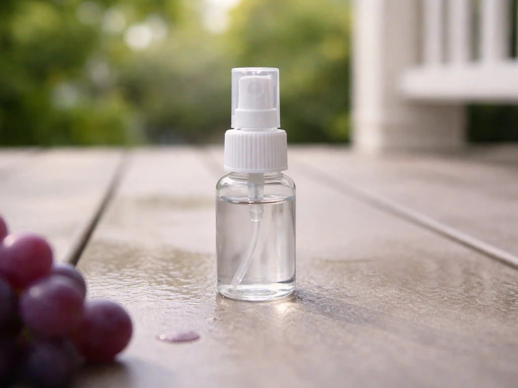 Close-up of a Bird Stop bottle on a clean porch with small purple grape cues nearby.