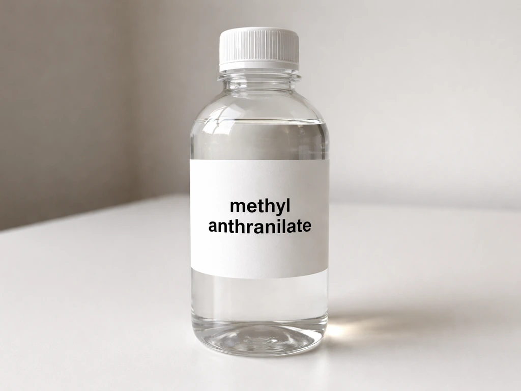Close-up of a clear liquid bird deterrent bottle with a visible label showing methyl anthranilate.