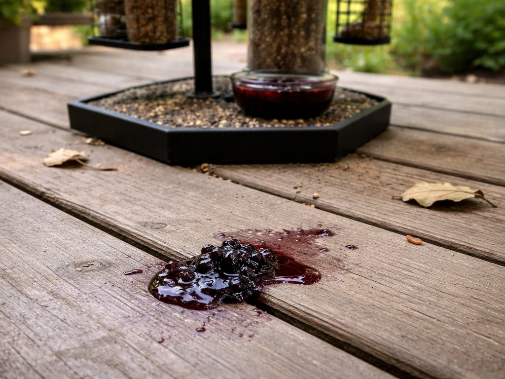 Close-up of a small purple grape jelly/juice spill near a bird feeder on a patio deck.