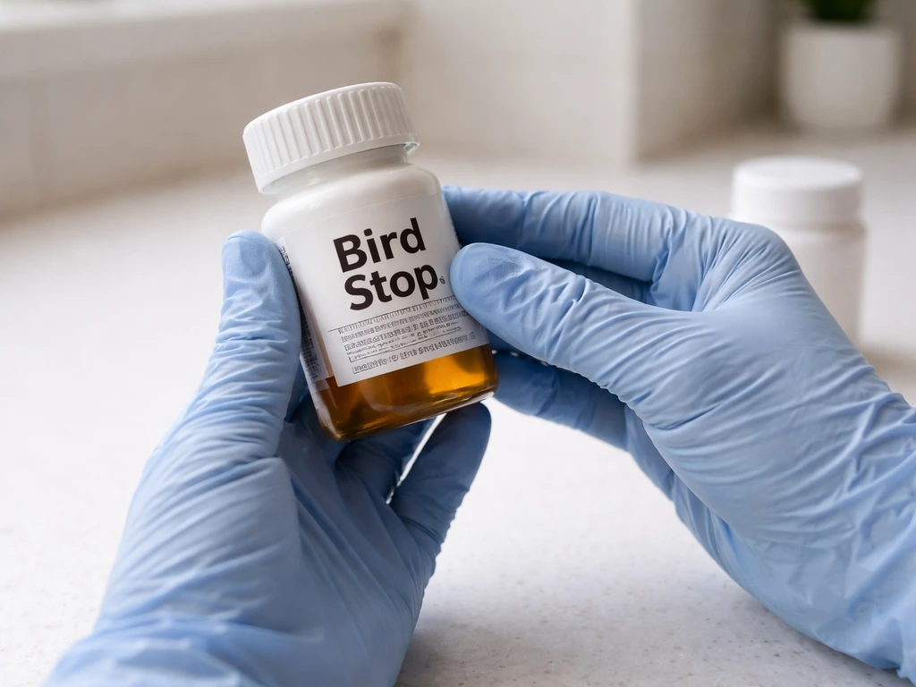 Gloved hands checking a Bird Stop container’s expiration date and inspecting for separation or residue.