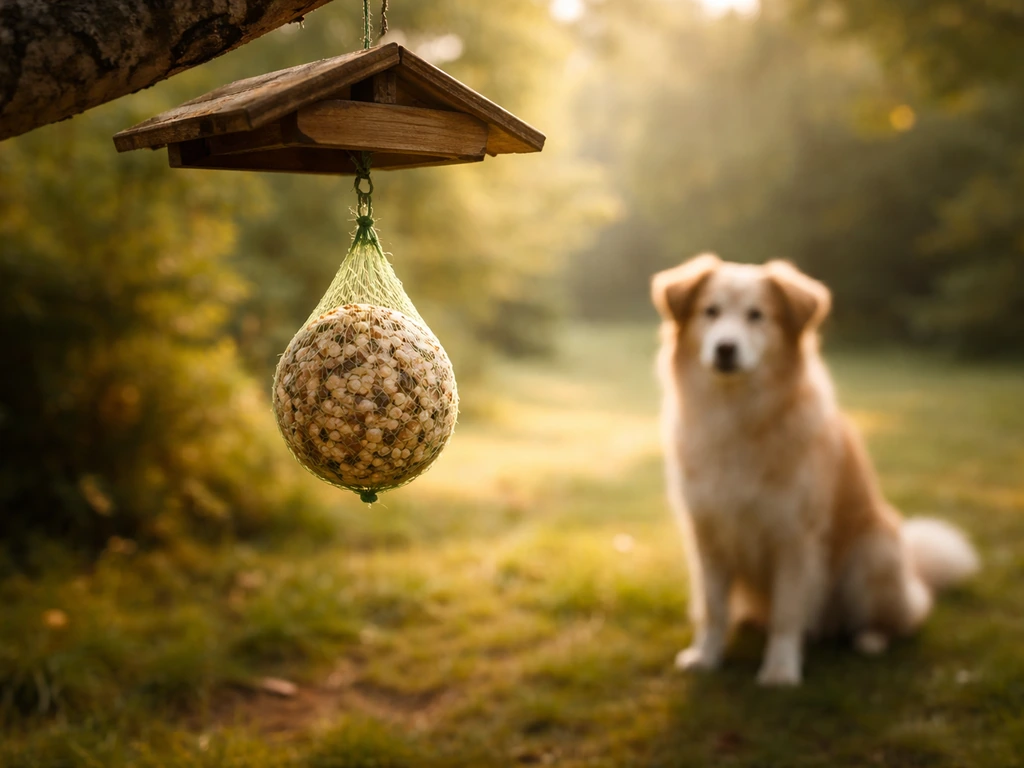 Dog watches from a safe distance as a bird fat ball hangs from a backyard feeder