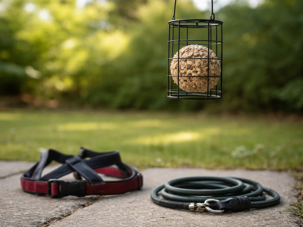 Bird fat ball on a feeder with a dog leash and harness visible in the foreground, signaling dogs should stay away.