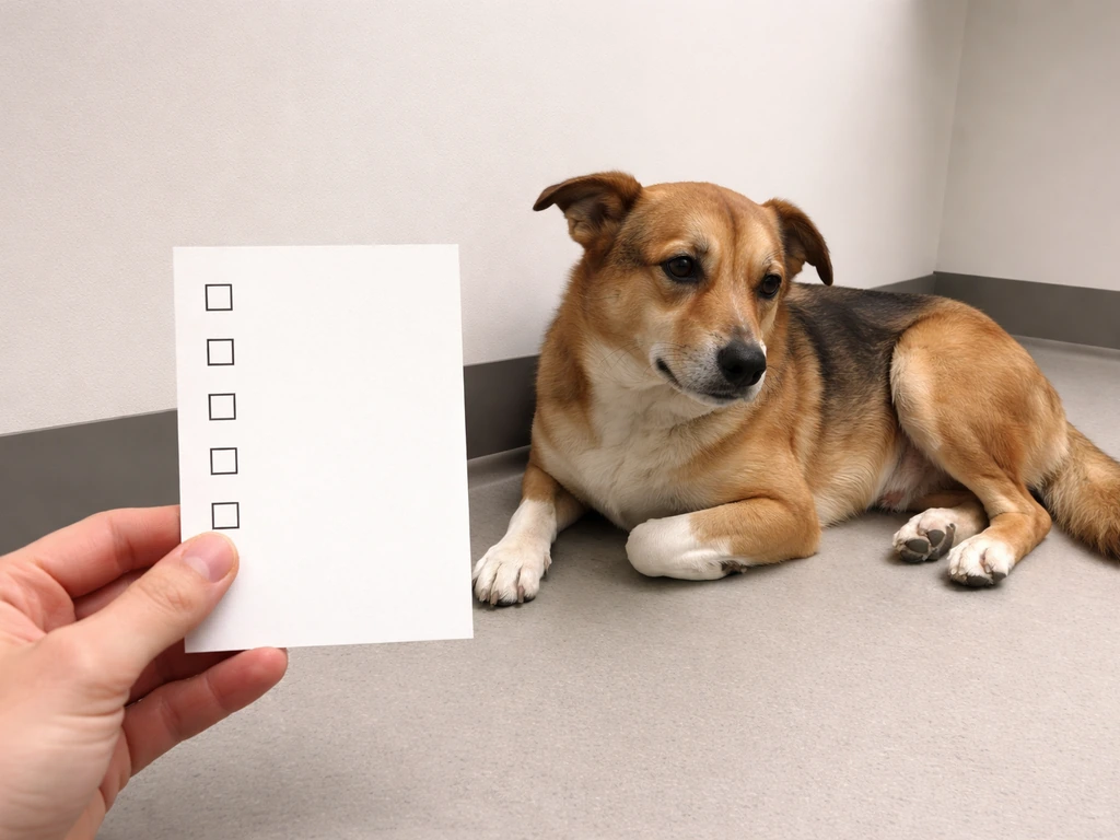Medium dog lying on a clinic floor beside a blank warning card, showing subtle discomfort.