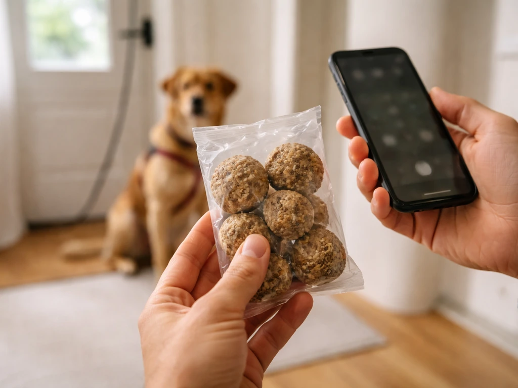 Dog owner holding a fat ball package while ready to call a vet; dog restrained in the background.