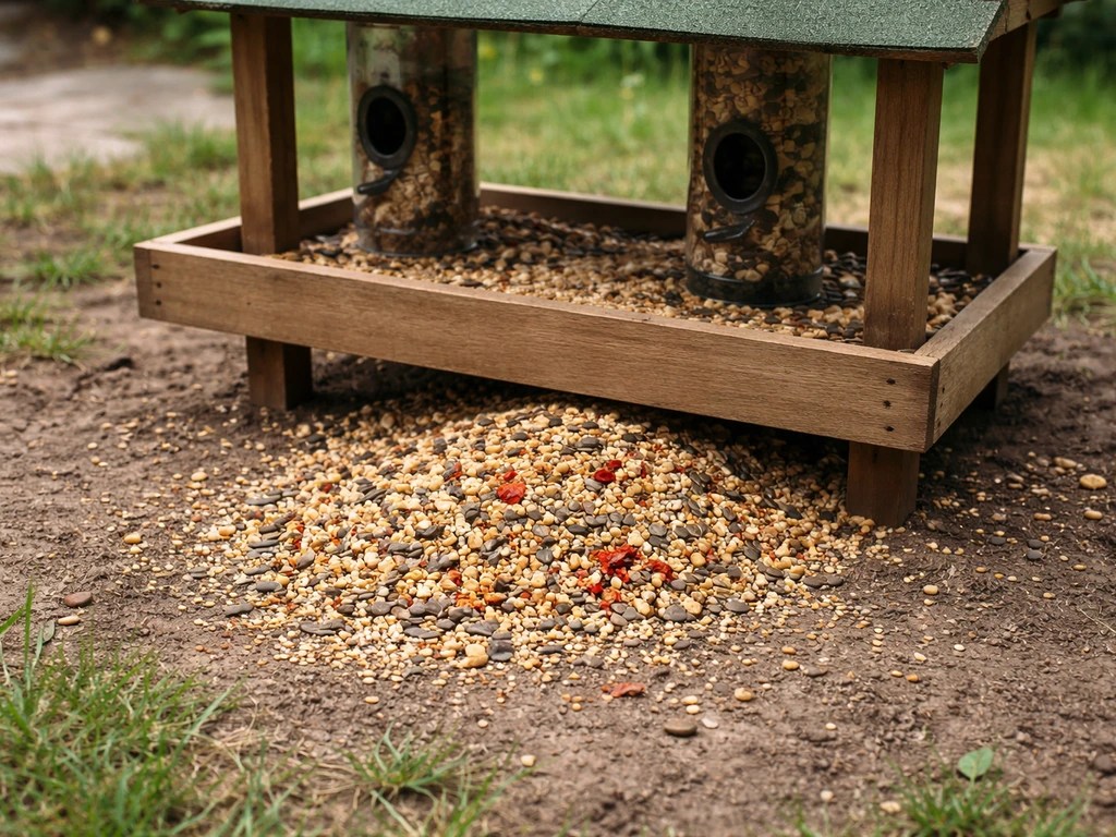 Outdoor bird feeder with spilled mixed seed and a few visible chili flakes on the ground