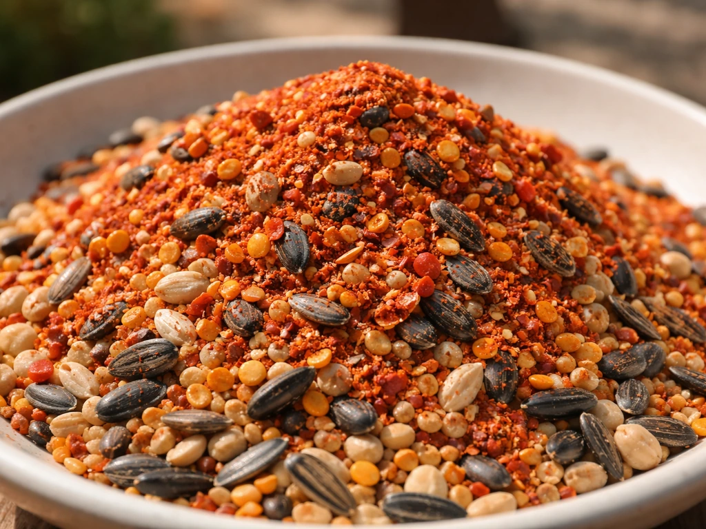 Close-up of spicy bird seed with chili flakes and cayenne-red spice mixed into seeds