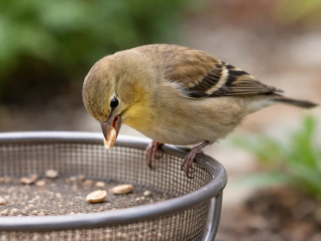 A finch-like bird pecks a single seed on a wire feeder, with softly blurred feeder background.