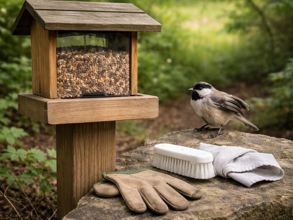 Small bird looks distressed near a backyard feeder while cleaning tools sit nearby.