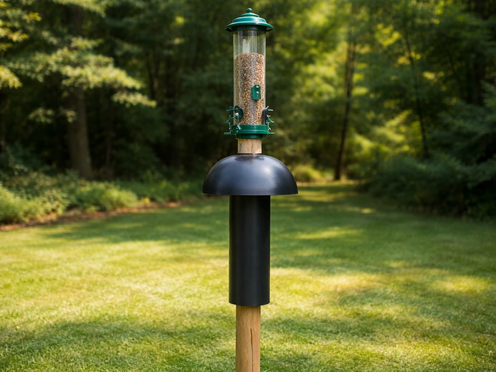 Bird feeder with a dome/tube squirrel baffle mounted on a pole in a quiet backyard