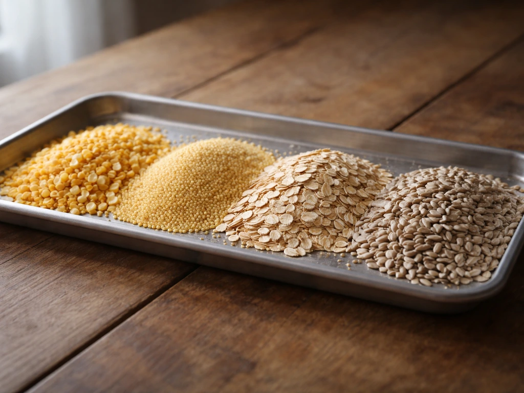 Assorted safe duck feed grains and sunflower seeds laid on a simple tray.