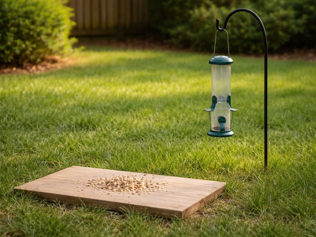 Ground-level bird seed on a dry board with a hanging tube feeder beside it, ducks can’t access