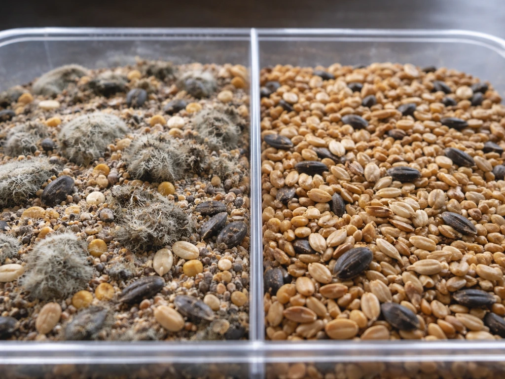 Close-up comparison of musty clumped moldy birdseed beside fresh dry birdseed in a simple tray