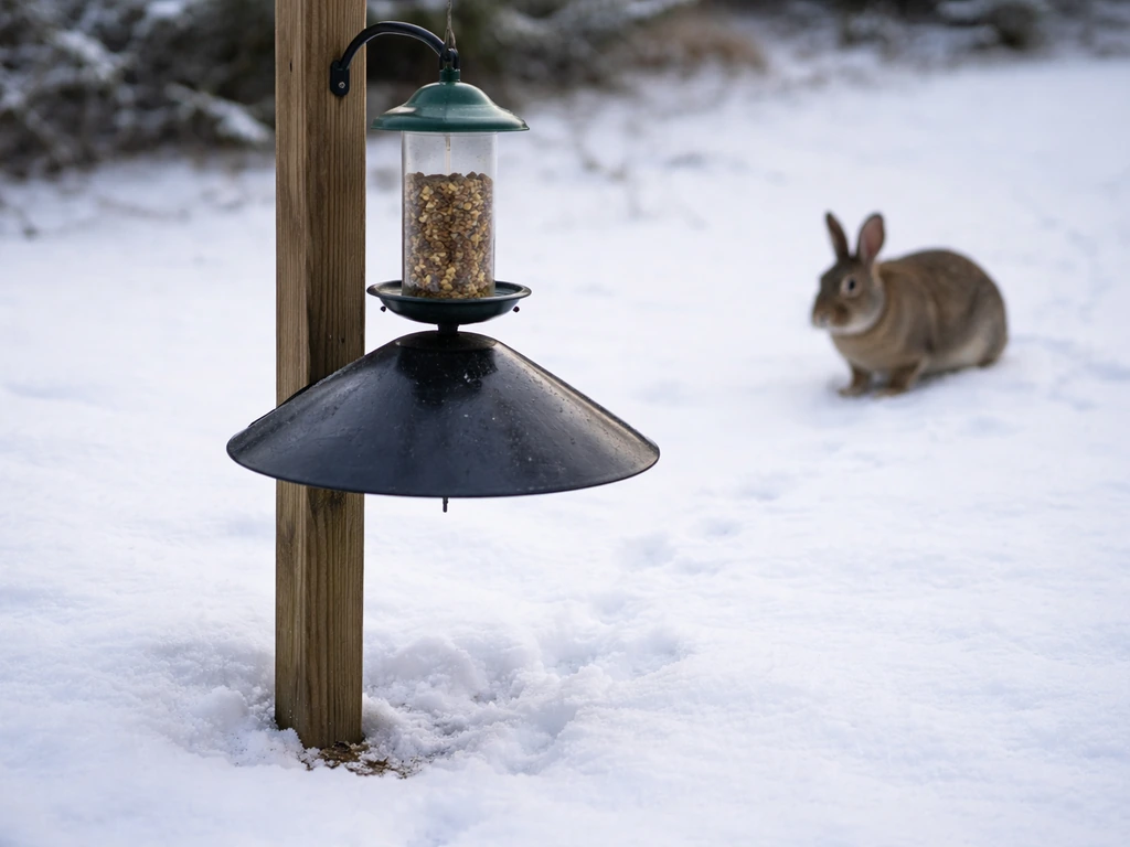 Snowy yard with a guarded bird feeder and a rabbit approaching in the background during winter