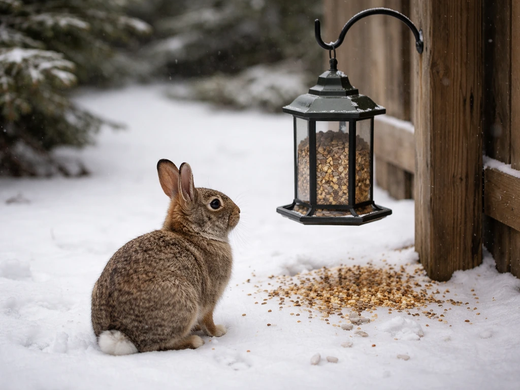 Cottontail rabbit beside a hanging bird feeder in snowy yard with bird seed scattered on the ground.
