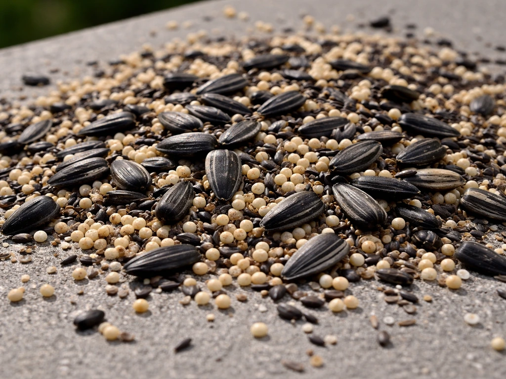 Close-up of mixed bird seeds showing black oil sunflower and white millet, with nyjer ignored in the background.