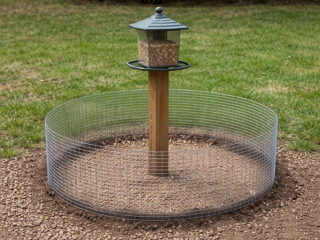 Raised bird feeder with ground guard blocking rabbits while leaving a clear feeding area for birds