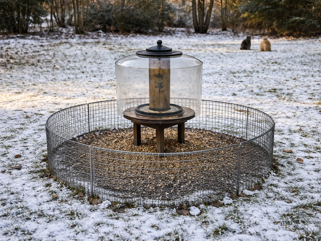 Winter bird feeder protected by a cylindrical guard and mesh ring barrier, pets kept away.