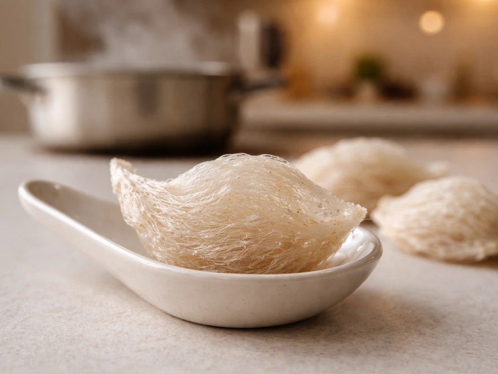 Close-up of dried bird’s nest nests in a spoon with a softly blurred home cooking background.