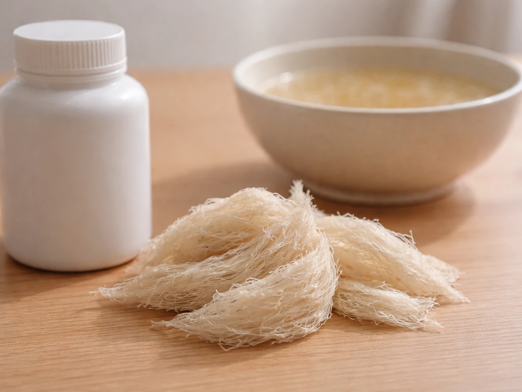Dried edible bird’s nest nests next to an unbranded supplement container, contrasted with a simple bowl of plain soup.