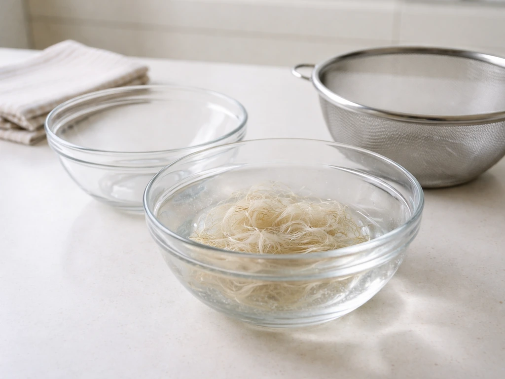 Clean water soaking dried bird’s nest beside a strainer bowl for draining on a minimal kitchen counter.