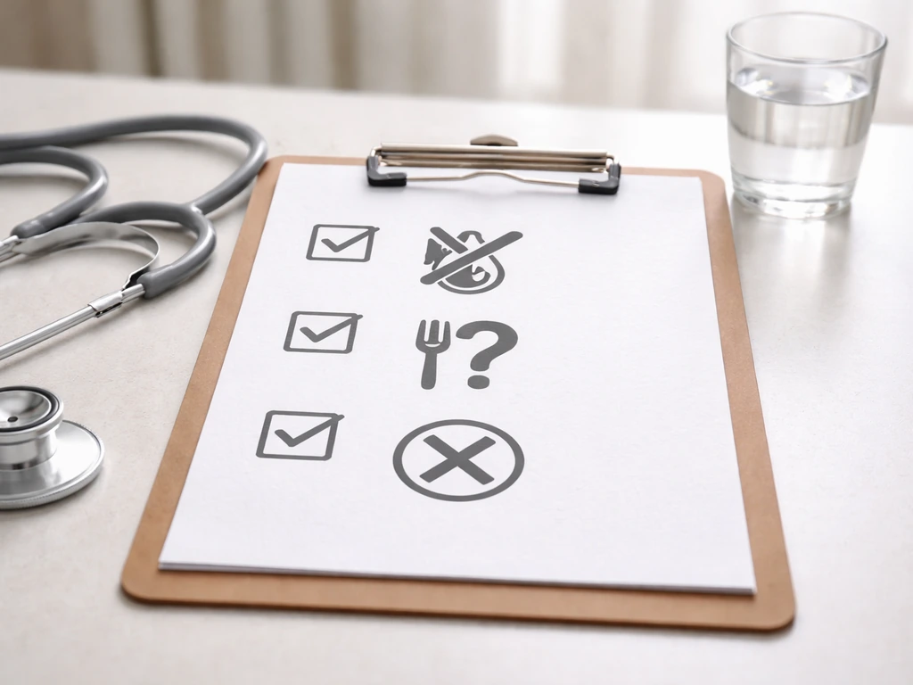 Clinician clipboard with pregnancy-safe allergy/avoid icons on a clinic table, natural light.