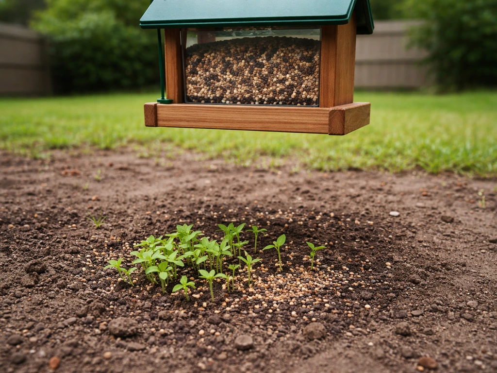 Bird feeder above bare ground with small green seedlings sprouting underneath.
