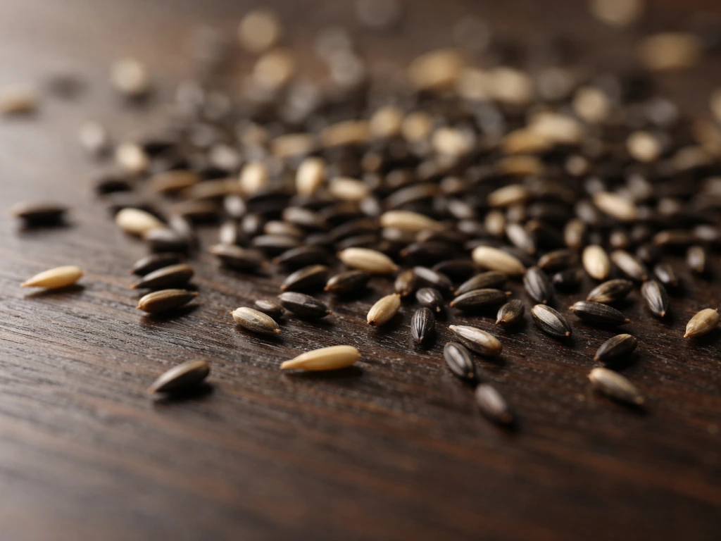 Macro close-up of scattered Nyjer (“thistle”) birdseed grains on a dark wooden surface.
